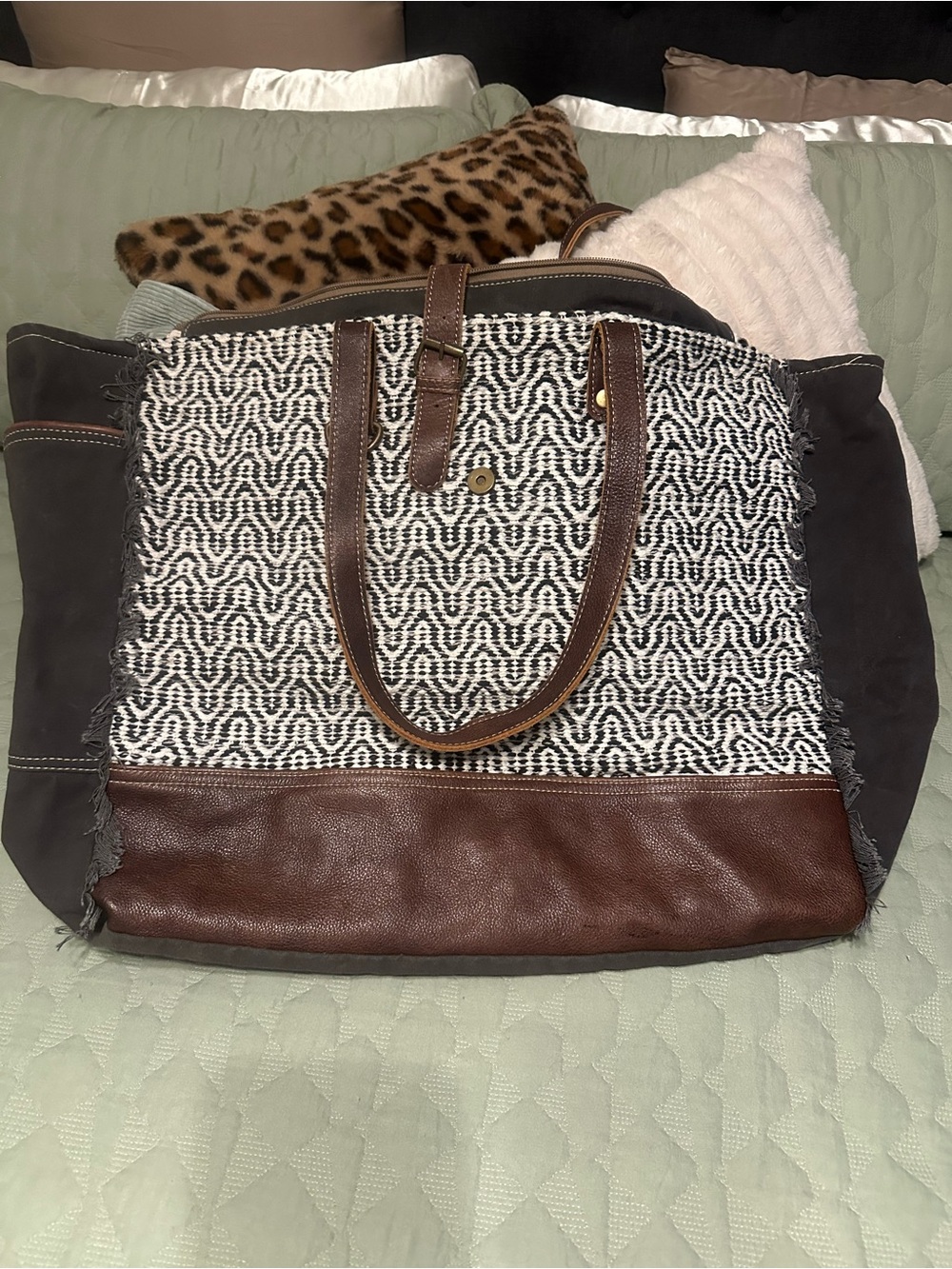 Myra Bag Black & White Woven Tote with Brown Leather Trim